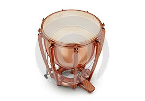 Copper timpani drum with white head on a white background