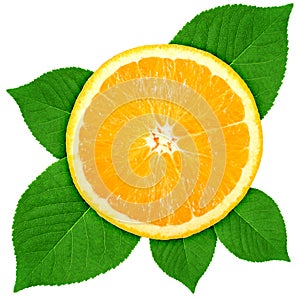 Single cross section of orange with green leaf