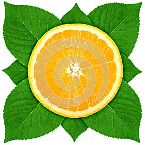 Single cross section of orange with green leaf