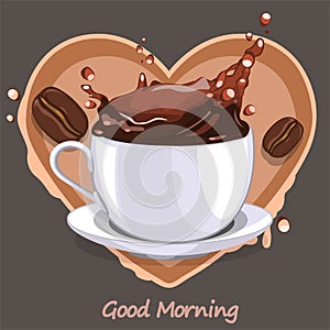 Single cup of americano with red heart on dark background