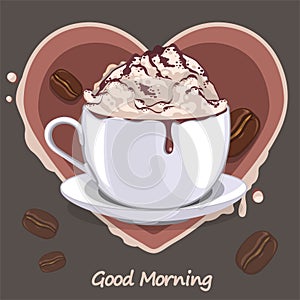 Single cup of cappuccino with red heart on dark background