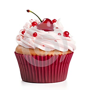 Cupcake with cherry on top isolated on a white background