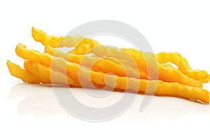 a single curly french fry isolated on a white background