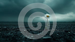 Single daisy blooming on a desolate landscape under stormy skies