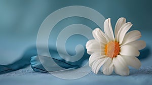 a single daisy with a blue ribbon, a subtle nod to Labor Day's colors