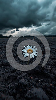 Single daisy in a dark moody field