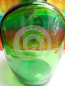 Daisy flower in a green glass bottle, with rainbow background