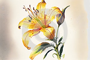 A single, delicate lily, with petals unfurling to reveal a bright yellow center, ai illustration