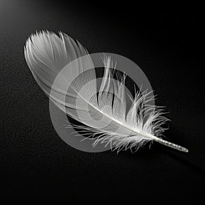 A single delicate white feather rests on a black textured surface