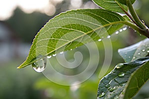 A Single Dewdrop Hanging From a Leaf