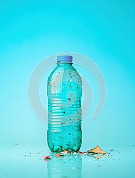 Dirty plastic bottle with trash and debris on blue background