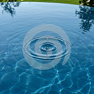 A single drop of water impacts a calm water surface, creating concentric ripples. The