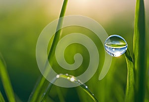 a single drop of water sitting on top of grass leaves
