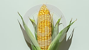 Single Ear Fresh Corn Cob Yellow Kernels on Light Background, Copy-Space