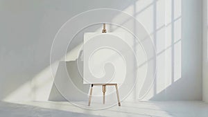 Single easel with blank canvas in bright minimalistic interior of the exhibition hall. Front view