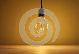 Single Edison bulb hangs against vibrant yellow backdrop , bulb, simple, glow