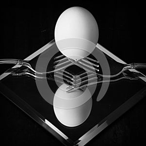 Single Egg Balanced on two forks