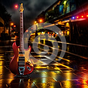 A single electric guitar in the drizzling rain.