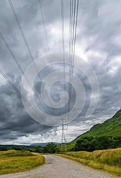 A single electricity pylon in Scottish Highlands