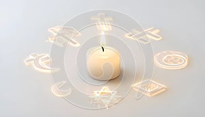 Elegant Candle with Glowing Religious Symbols in a Circle-World Religion Day . photo