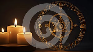 Elegant Candle with Glowing Religious Symbols in a Circle-World Religion Day . photo