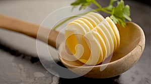 Single elegant ridged butter curl in wooden spoon