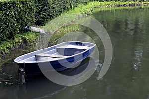 Single empty old blue boat moored in a green thickets