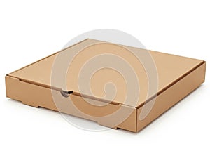 A single, empty, rectangular, brown cardboard box with a lid, placed on a white background