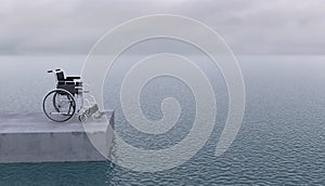 A single empty wheelchair stands against the backdrop of a calm sea in cloudy foggy weather. Copy space. 3D rendering