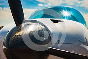 Single-engine aircraft propeller close up