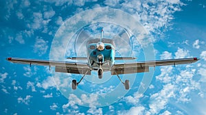 Single engine ultralight plane flying in the blue sky with white clouds.