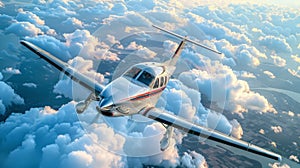 Single engine ultralight plane flying in the blue sky with white clouds.