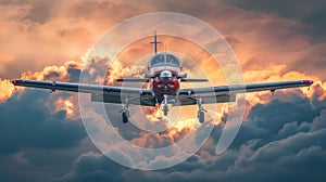 Single engine ultralight plane flying in the blue sky with white clouds.