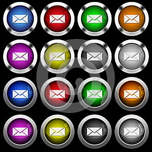 Single envelope white icons in round glossy buttons on black background