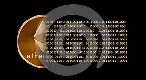 Ether or ethereum coin with bits and black background