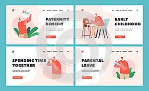 Single Father Raising Child Landing Page Template Set. Dad Feed Son, Cooking, Play with Toddler. Happy Family Sparetime