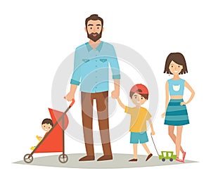 Single father with three young children. Happy family young group: sister, brother, baby in stroller and father