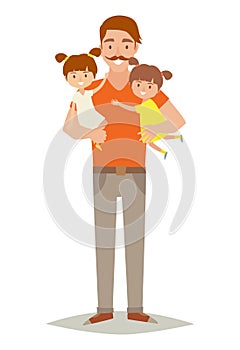 Single father with two young daughters. Happy family young group: little baby, sisters and father