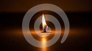 A single flame flickers on a dark surface casting a warm orange
