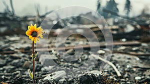 A single flower blooming amidst the wreckage a symbol of resilience and hope amidst the pain and loss that come with