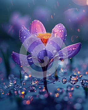 Single flower of crocus in the spring rain