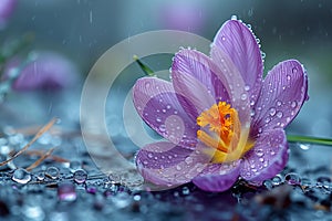 Single flower of crocus in the spring rain