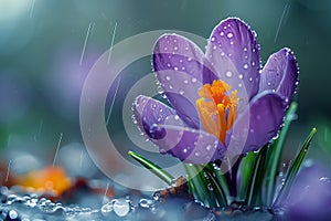 Single flower of crocus in the spring rain