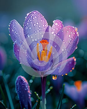 Single flower of crocus in the spring rain