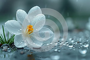 Single flower of white crocus in the spring rain