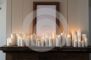 single frame above a fireplace mantel with white candles lined up