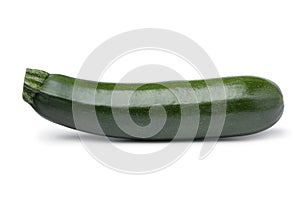 Single fresh green whole zucchini on white background