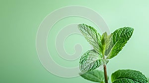 Single Fresh Mint Leaves Against A Light Green Background. Vibrant Mint Leaves on Green