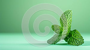 Single Fresh Mint Leaves Against A Light Green Background. Vibrant Mint Leaves on Green