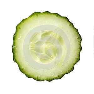 Single fresh slice of cucumber close up on white background